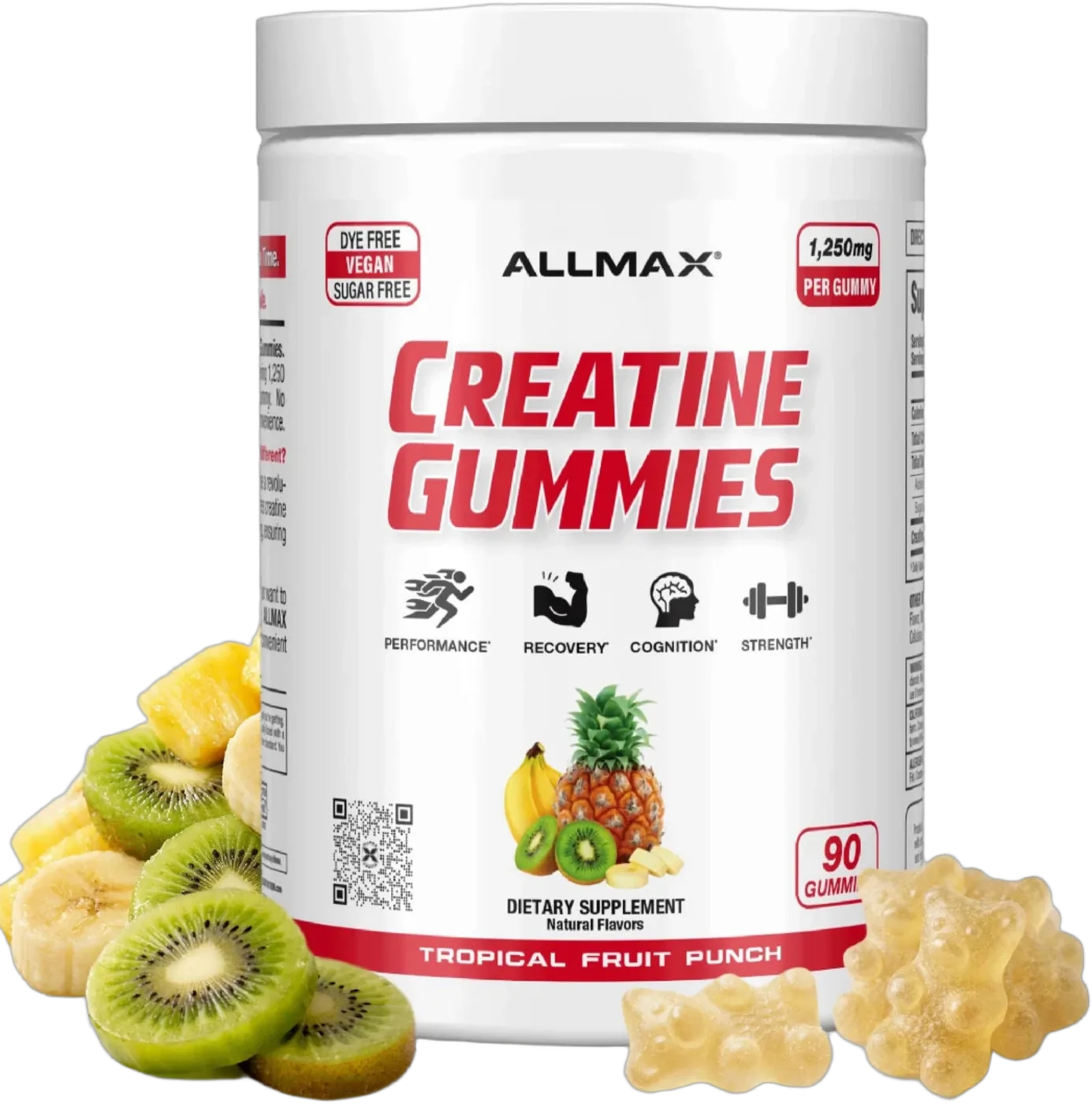 ALLMAX Creatine Gummies Tropical Fruit Punch 90-gummy tub with kiwi, banana, pineapple and gummies