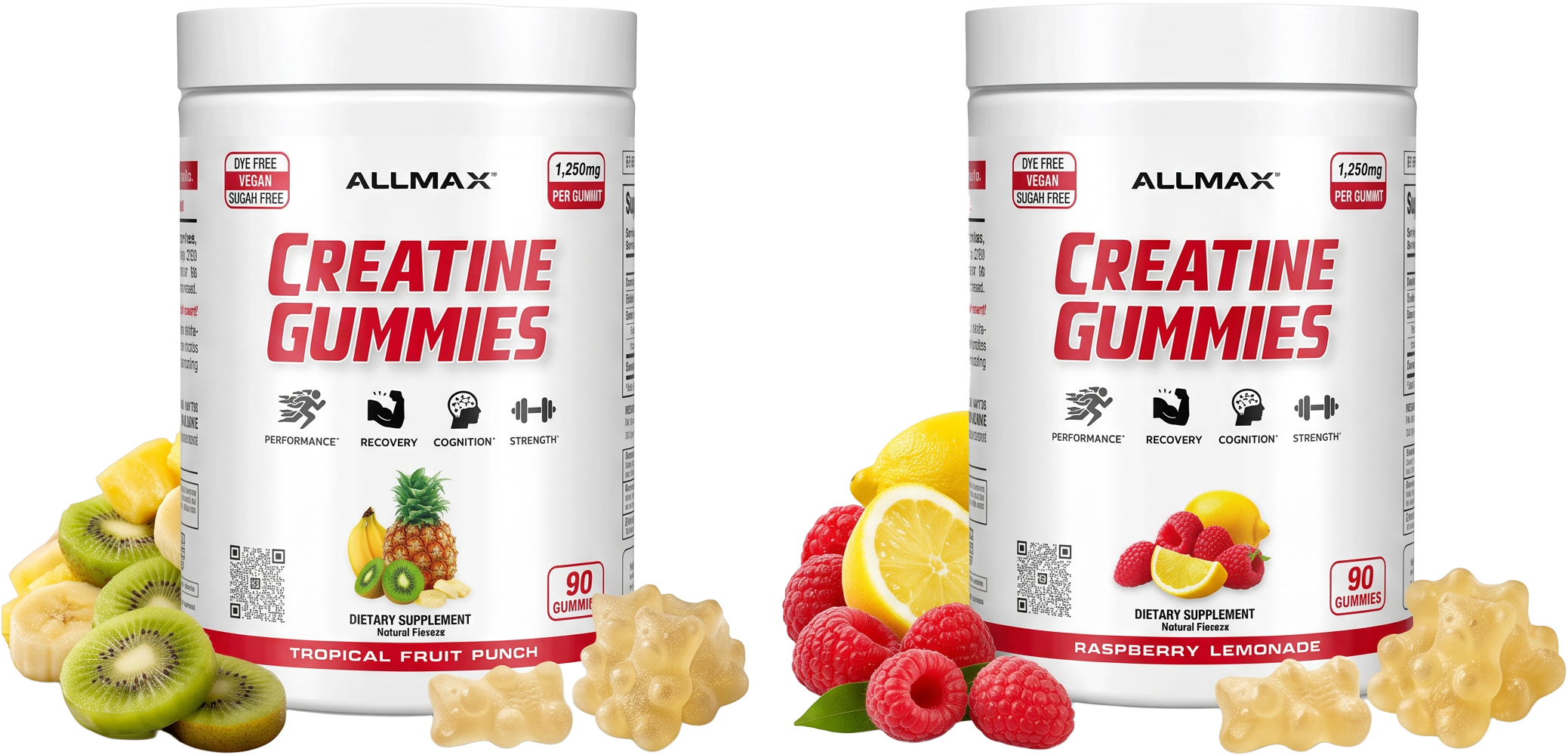 ALLMAX Creatine Gummies 90ct tubs — Tropical Fruit Punch and Raspberry Lemonade